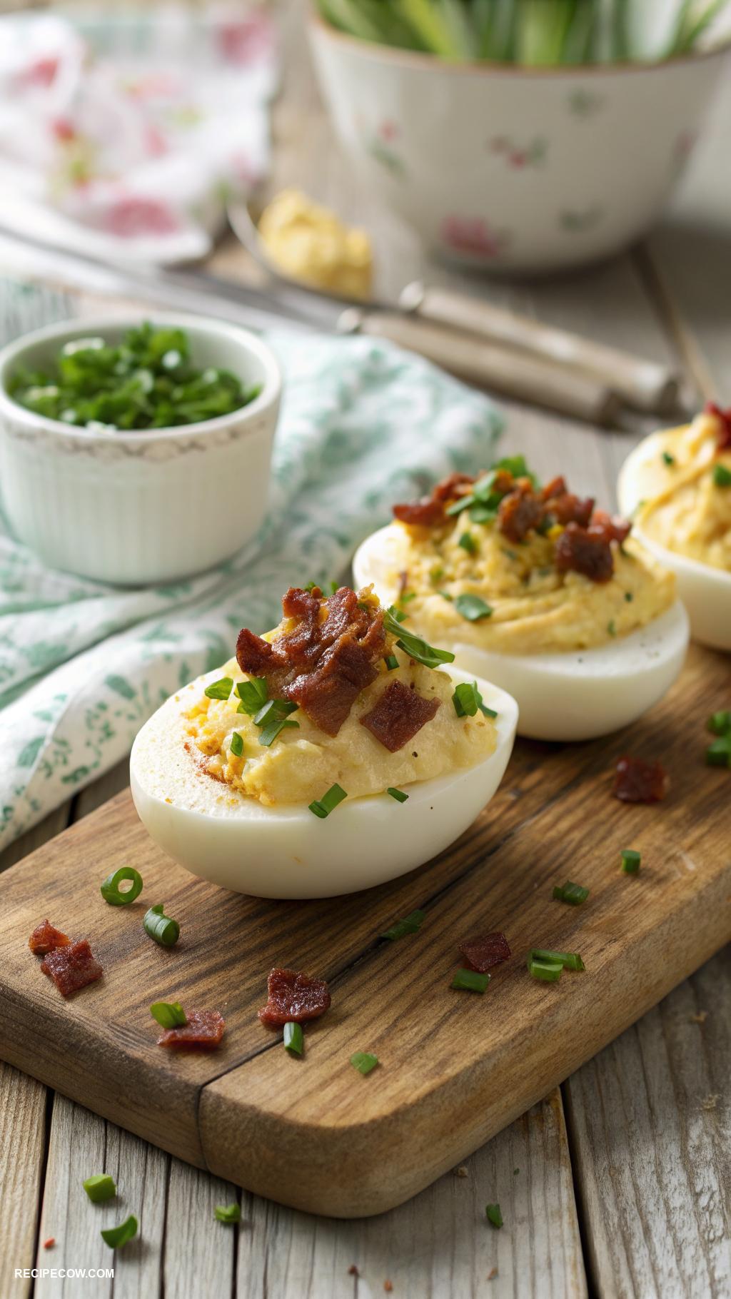 Low carb appetizers Deviled eggs with bacon and chives topping