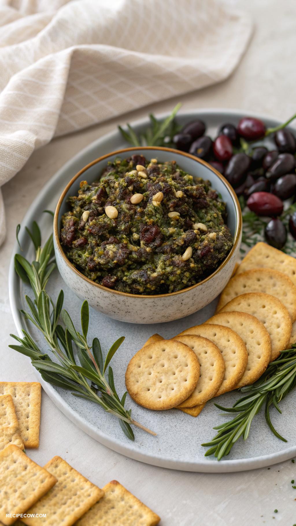 Low carb appetizers Olive tapenade on almond flour crackers