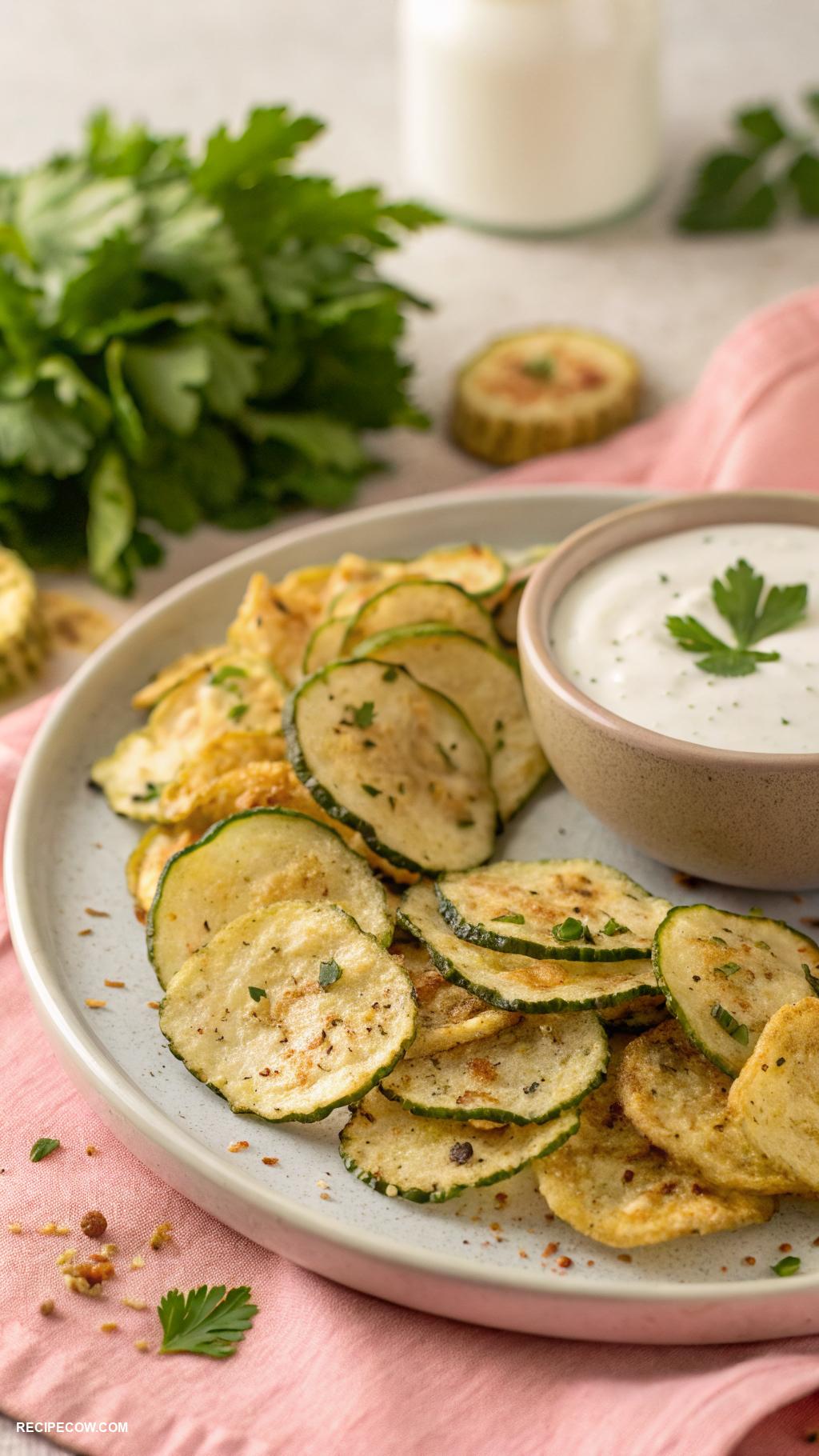 Low carb appetizers Zucchini chips with ranch dip