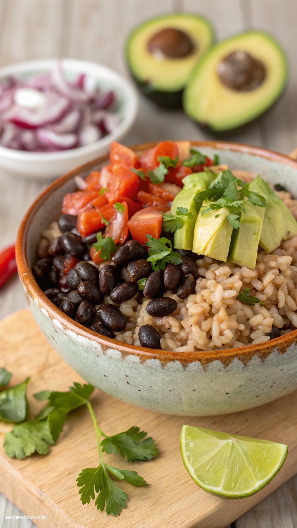 budget friendly lunch ideas Brown rice and black bean bowl