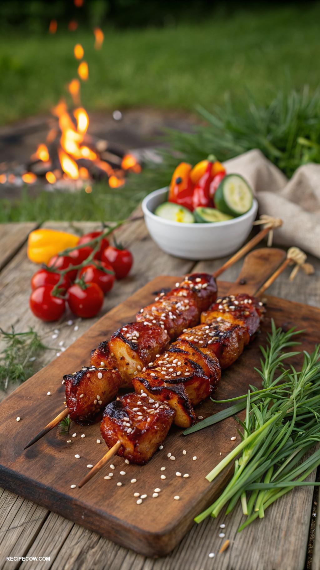 campfire cooking recipes Skewered grilled chicken with BBQ sauce