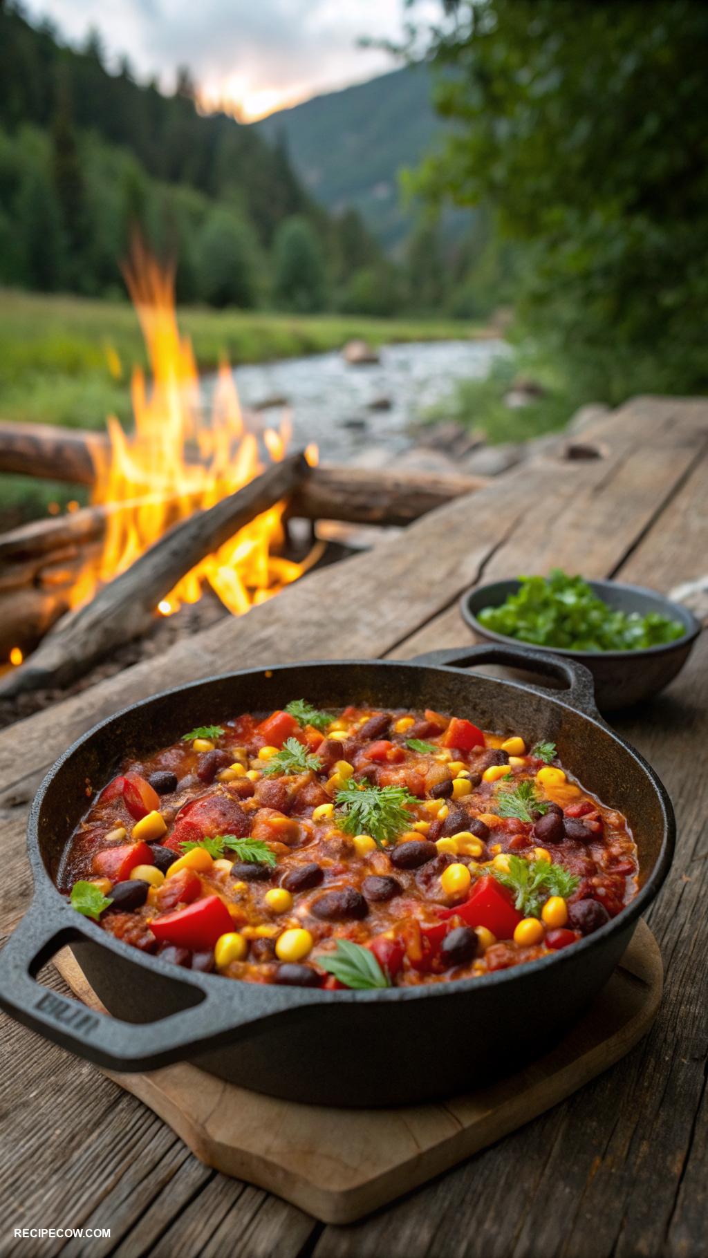 campfire cooking recipes Vegetarian chili in cast iron skillet