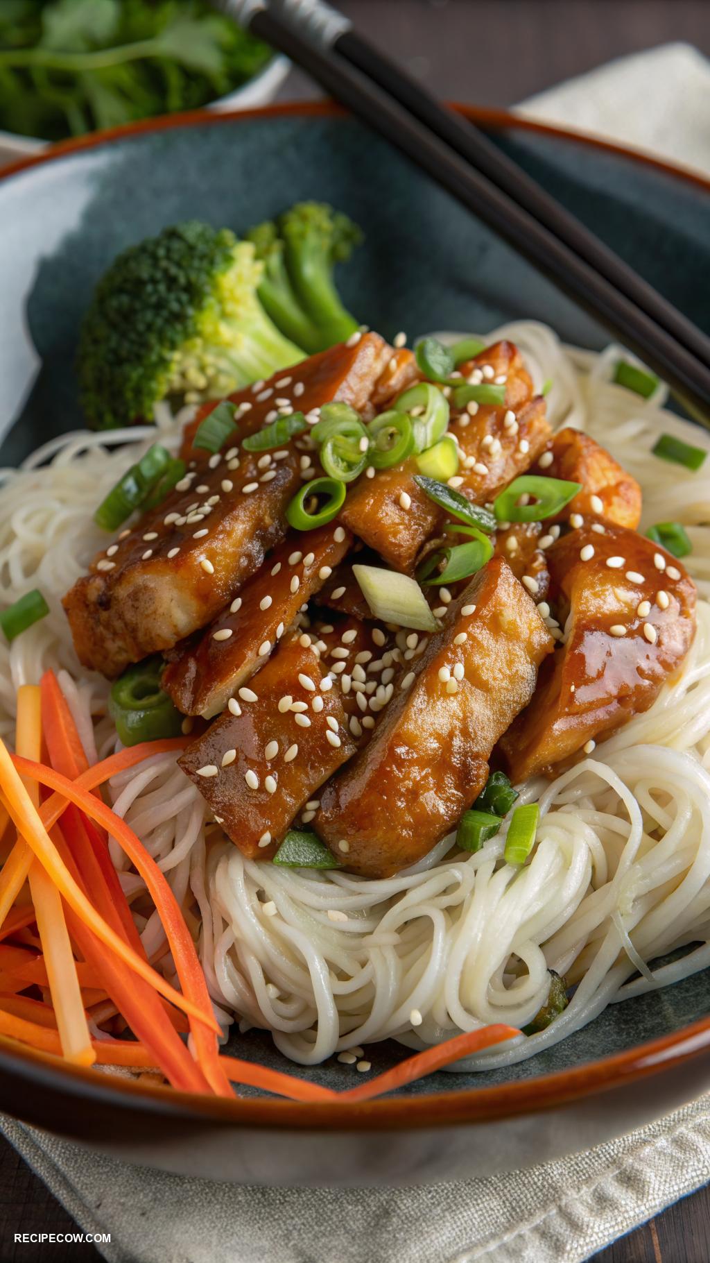 crockpot chicken recipes Teriyaki chicken served over rice noodles