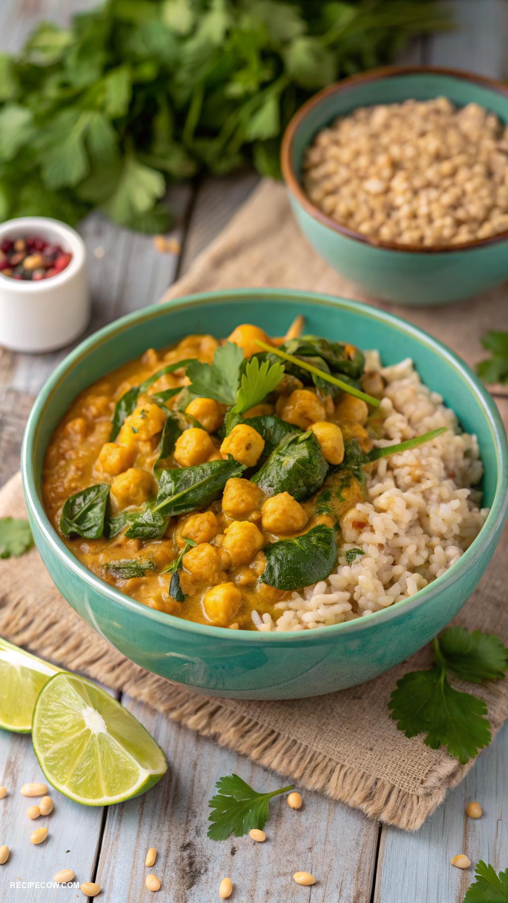 easy meal prep lunches Chickpea curry with spinach and brown rice