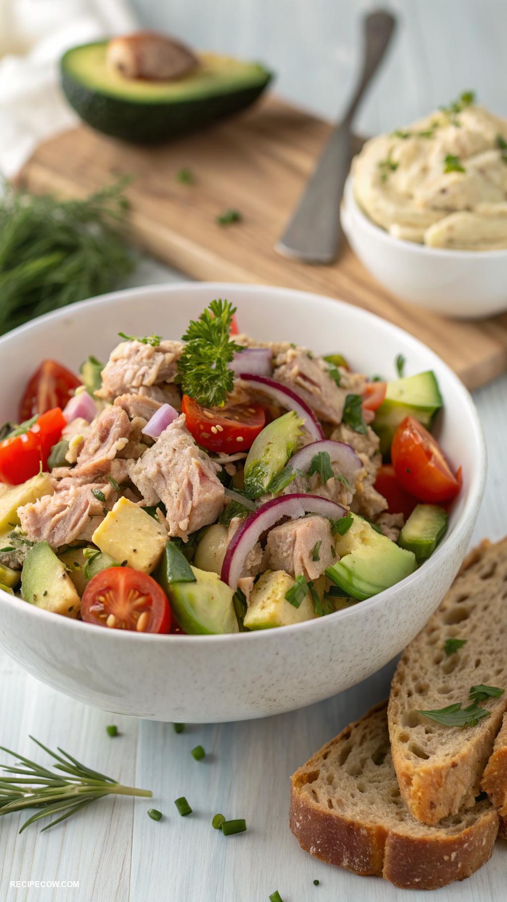 easy meal prep lunches Tuna salad with avocado and whole grain bread