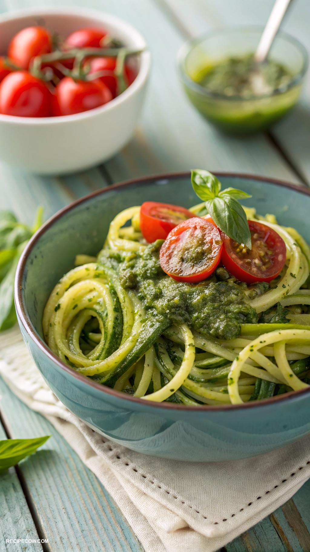 easy meal prep lunches Zucchini noodles with pesto and cherry tomatoes