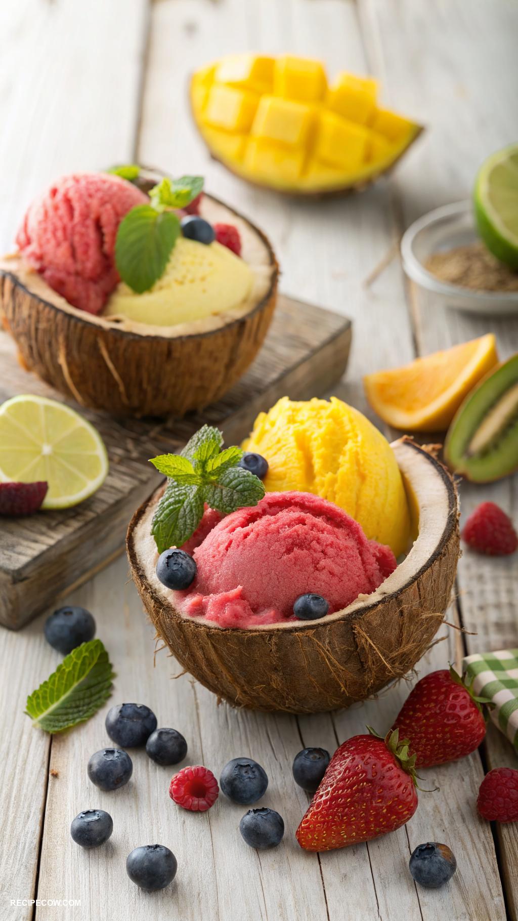 light dessert recipes Fresh fruit sorbet in coconut bowls