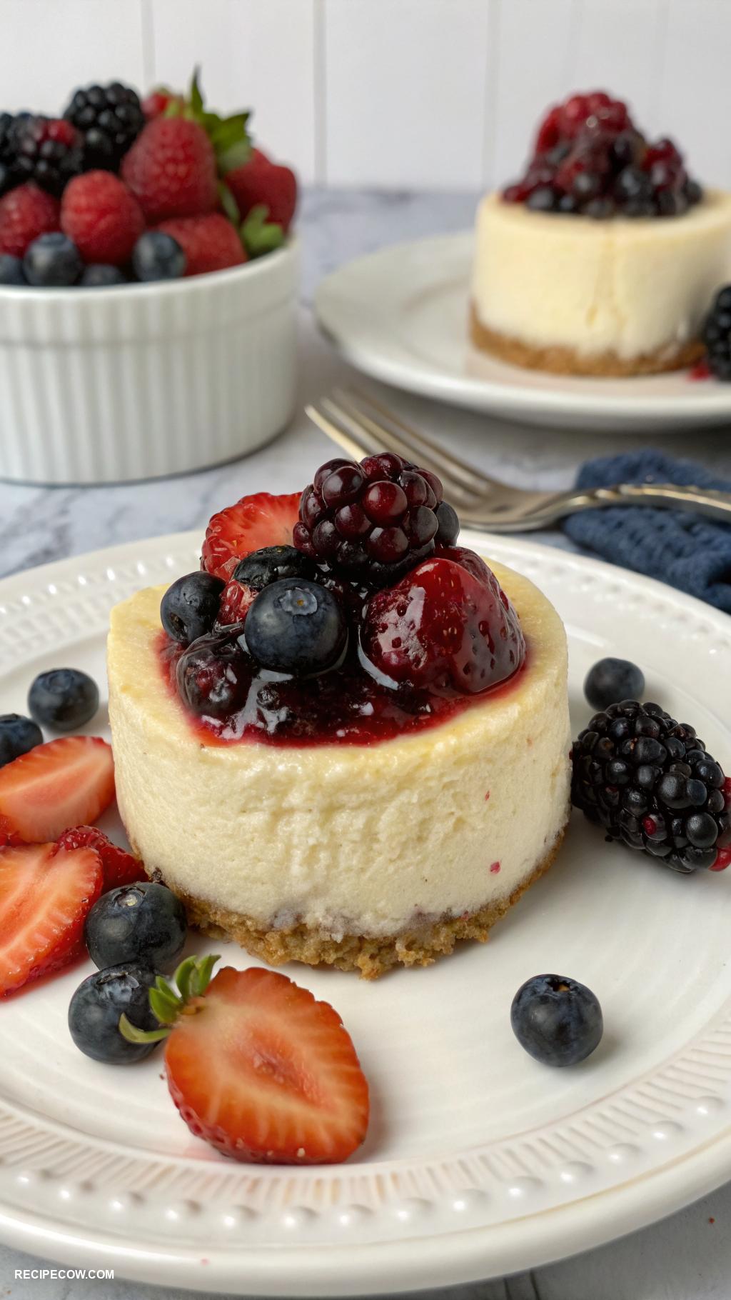 light dessert recipes Mini cheesecakes topped with berry compote