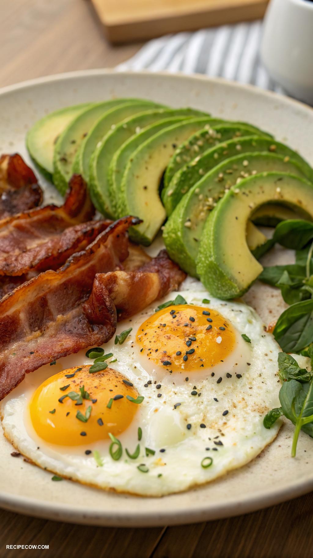 low carb breakfast Bacon and eggs with avocado slices