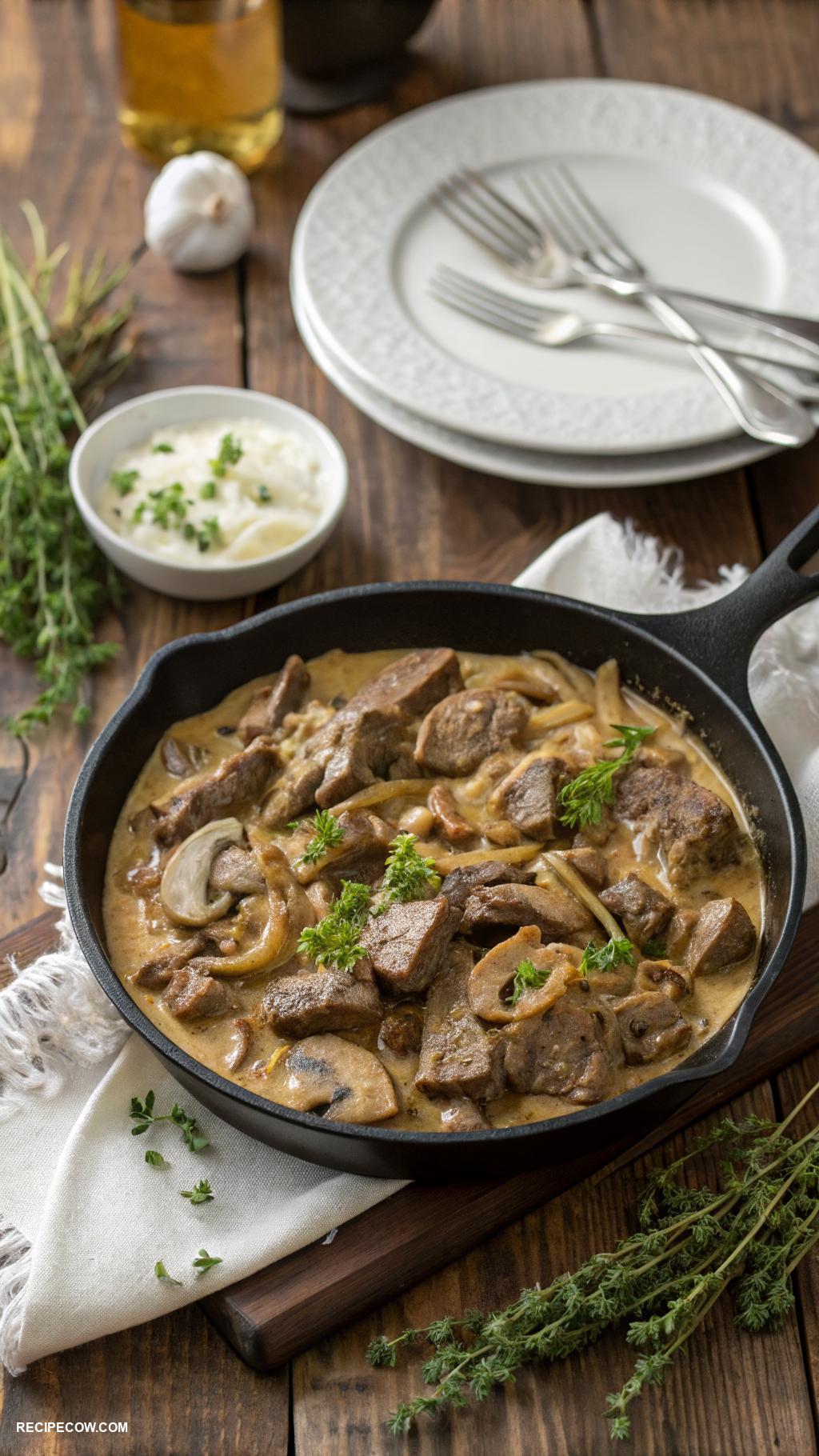 stovetop recipes Classic beef stroganoff in skillet