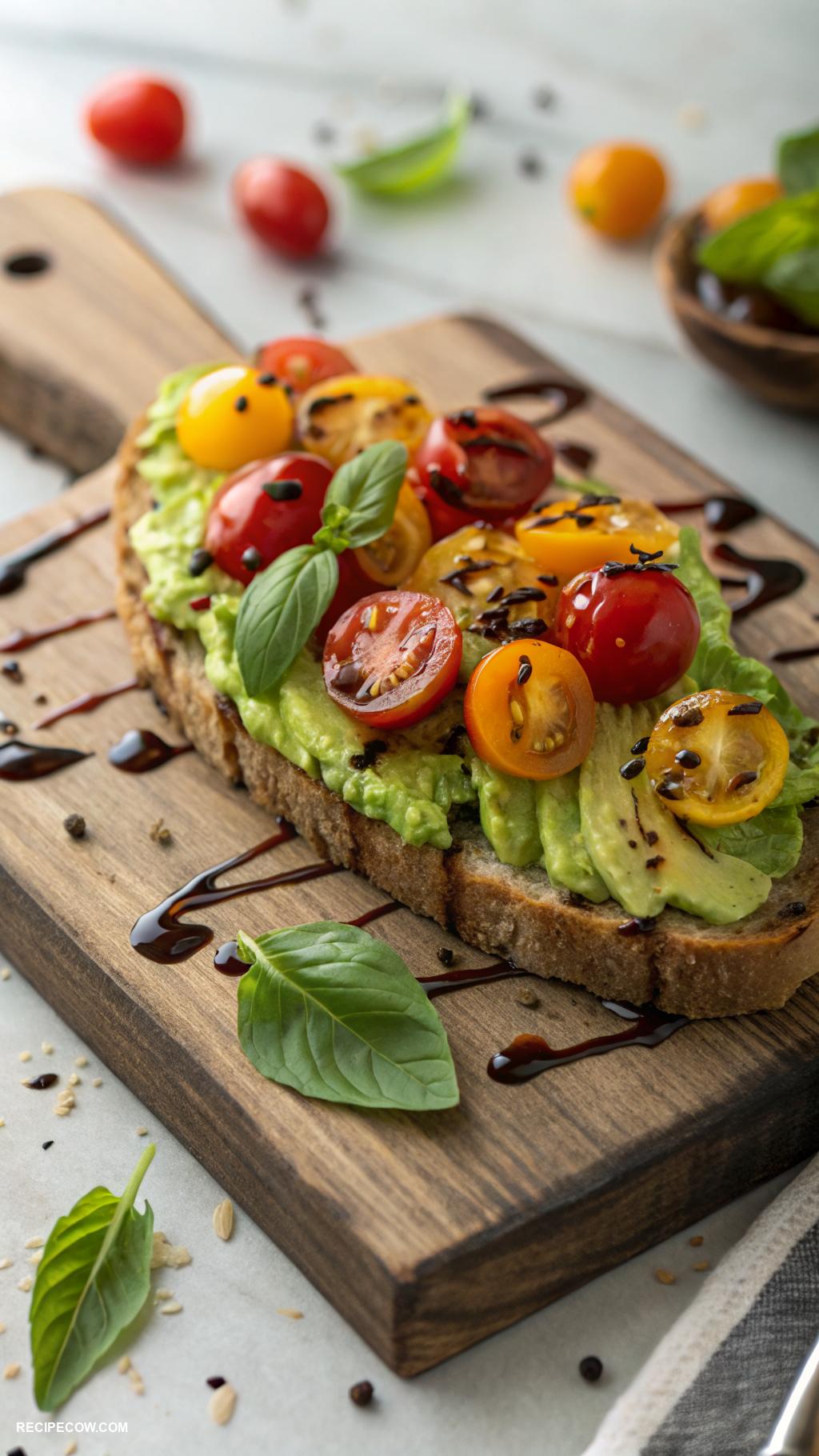 vegan breakfast Avocado toast with cherry tomatoes and basil