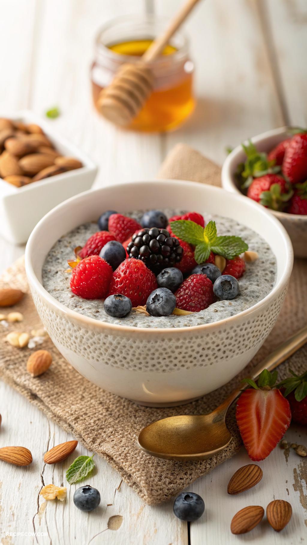 vegan breakfast Chia seed pudding with almond milk and berries