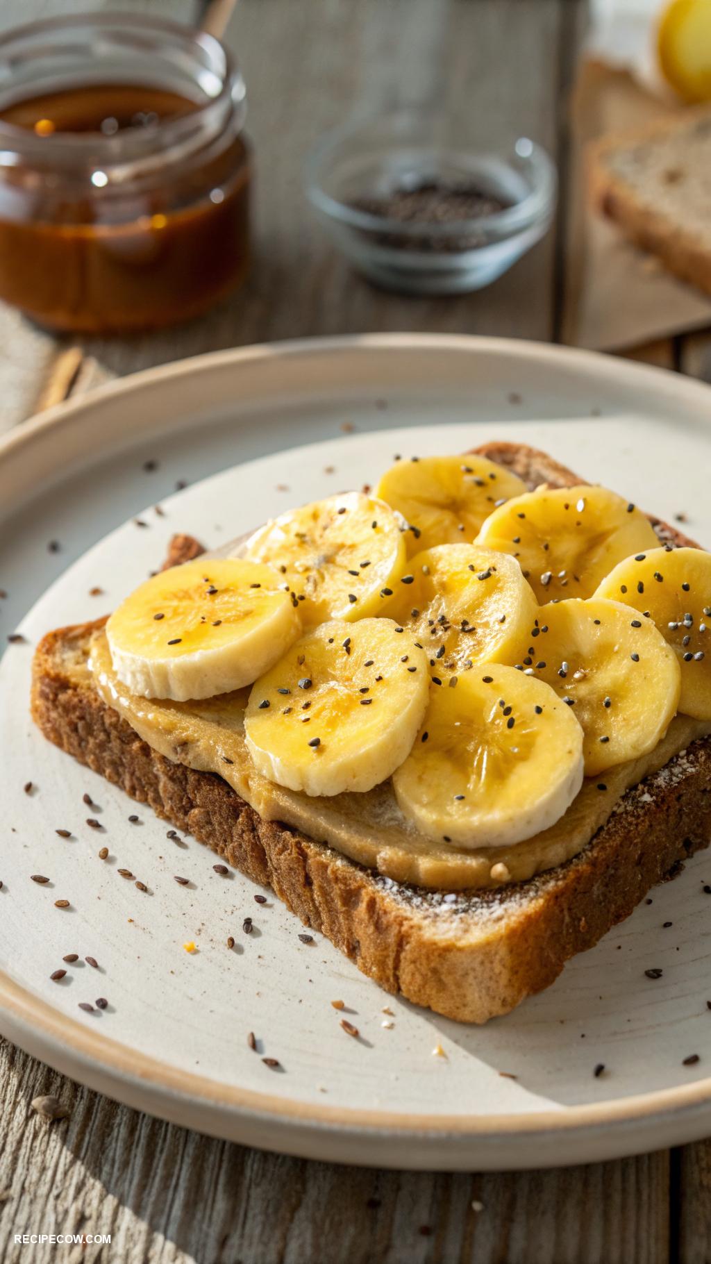 vegan breakfast Peanut butter toast with sliced bananas