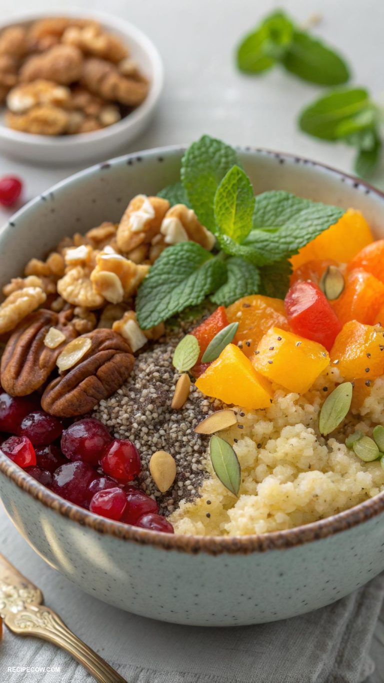 vegan breakfast Quinoa bowl with nuts and dried fruits