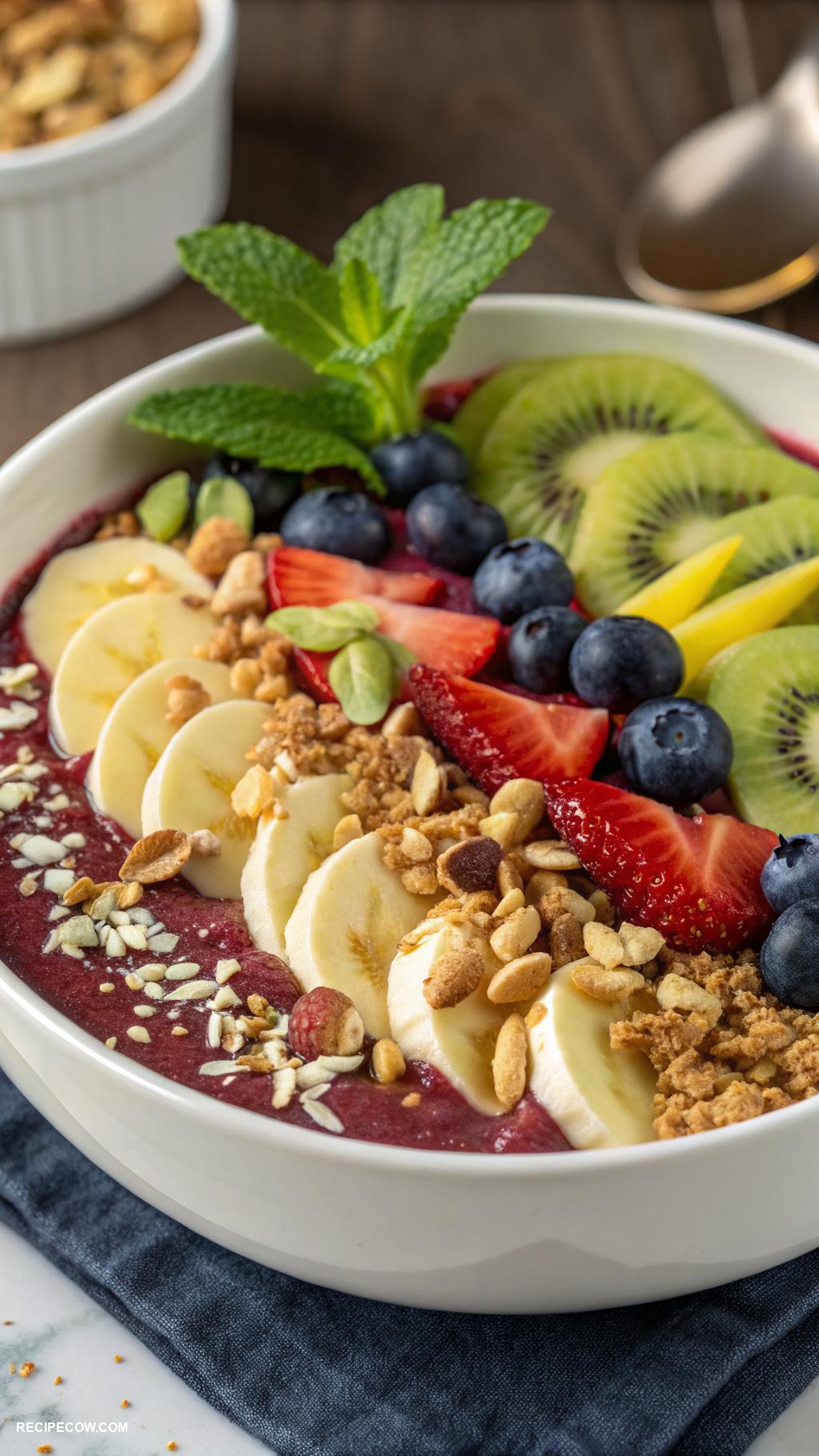 vegan breakfast Smoothie bowl topped with granola and fruits