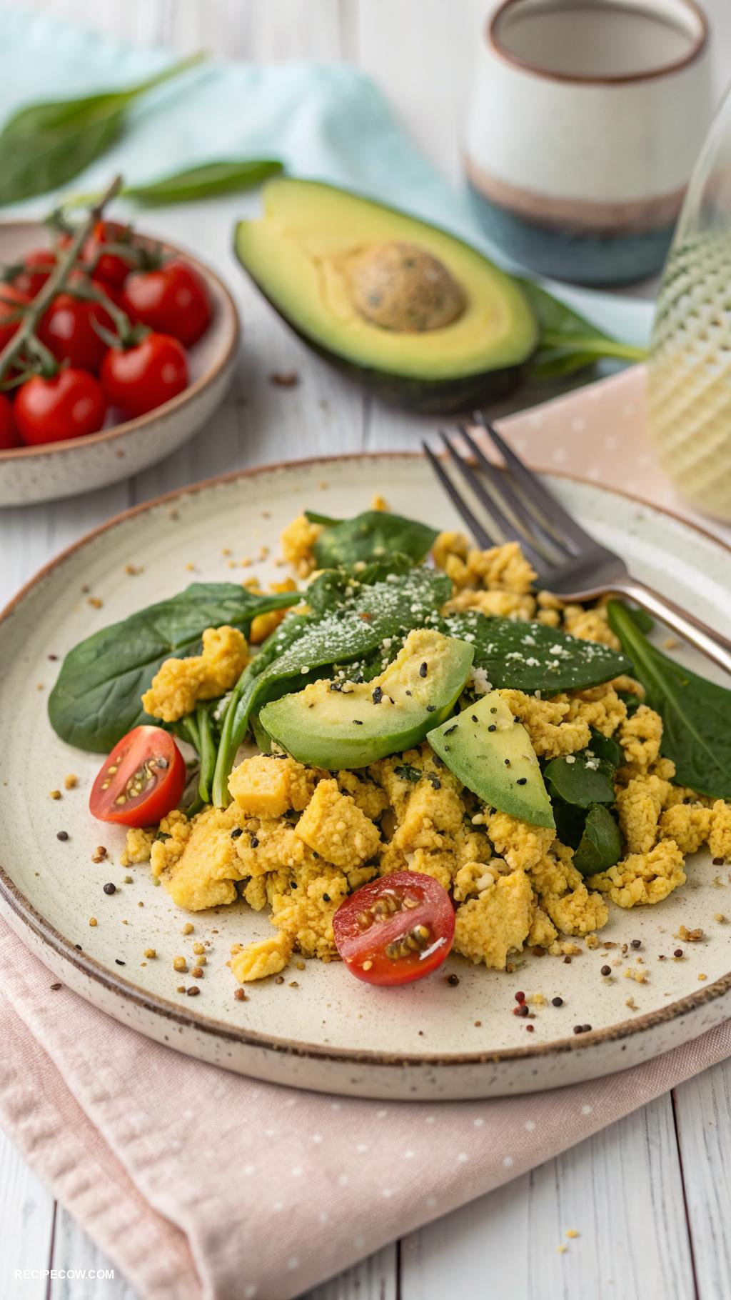 vegan breakfast Tofu scramble with spinach and nutritional yeast